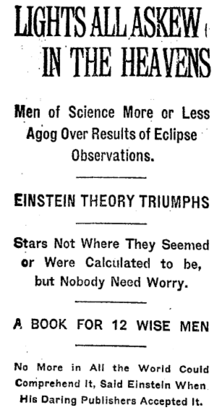 "Einstein theory triumphs," declared the New York Times on November 10 1919.