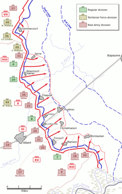 British infantry attack plan for 1 July. The only success came in the south at Mametz and Montauban and on the French sector