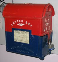 This antique "letter-box" style U.S. mailbox is both on display and in use at the Smithsonian Institution Building.