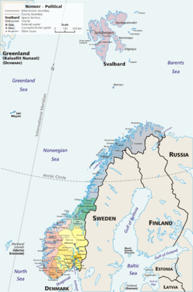 A geopolitical map of Norway, exhibiting its 19 first-order subnational divisions (fylker or "counties")