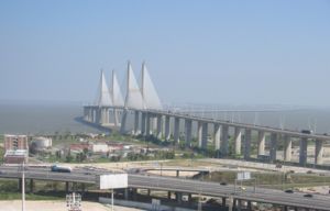 Vasco da Gama Bridge in Lisbon, the longest bridge in Europe with a total length of 17.2 km .