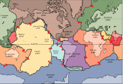 The tectonic plates underlying the continents and oceans