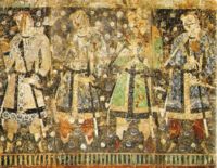 Sassanid influence didn't remain confined to its borders. In this depiction from Qizil, Tarim Basin China, The "Tocharian donors", are dressed in Sassanid style.