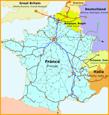 TGV lines, shown in blue and red, and connections to the rest of the European high speed rail network