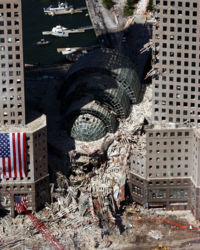 Buildings surrounding the World Trade Center were heavily damaged by the debris and massive force of the falling twin towers