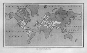 A map showing a supposed location of Atlantis. From Ignatius Donnelly's Atlantis: the Antediluvian World, 1882.