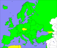 Map showing Song Contest participation since 1956: most countries in Europe have participated at least once. ██�Entered at least once ██�Never entered, although eligible to do so ██�Entry intended, but never made the final 