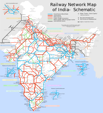 Map showing the Indian rail network and travelling times between major stations