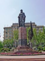 Statue of Nezami Ganjavi, a twelfth-century writer and philosopher, in Baku, Azerbaijan. Nezami is a major literary figure to both Azeris and Persians.