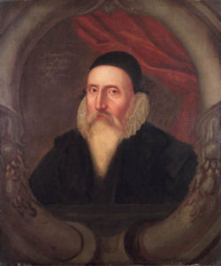 A sixteenth-century portrait of John Dee, artist unknown. According to Charlotte Fell Smith, this portrait was painted when Dee was 67. It belonged to his grandson Rowland Dee and later to Elias Ashmole, who left it to Oxford University.