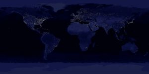 Composite image of the Earth at night, created by NASA and NOAA. The brightest areas of the Earth are the most urbanized, but not necessarily the most populated. Even more than 100 years after the invention of the electric light, some regions remain thinly populated or unlit.