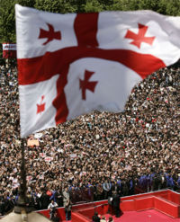 Newly adopted medieval Georgian flag over the government building in Tbilisi