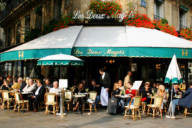 Front view of Les Deux Magots; one of the most famous Parisian cafés, in Saint-Germain-des-Prés.