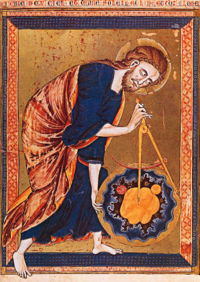 Early science such as geometry and astronomy was connected to the divine for most medieval scholars. The compass in this 13th Century manuscript is a symbol of God's act of creation.