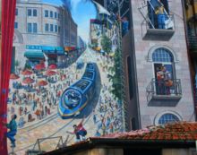 Wall painting on Jaffa Road of the future light rail network in Jerusalem