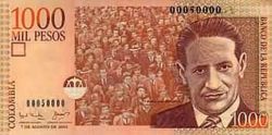 Front of a Colombian 1,000 peso bill.