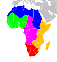 Regions of Africa: ██�Northern Africa ██�Western Africa ██�Middle Africa ██�Eastern Africa ██�Southern Africa