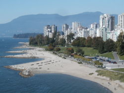 Sunset beach at English Bay in the West End of downtown.