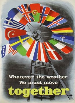 One of a number of posters created to promote the Marshall Plan in Europe. The blue flag with the white fleur-de-lys is a version of the Trieste flag.