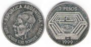 Special two-Argentine pesos coin with a Caricature of Borges, 1999