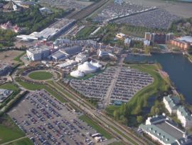 View over the downtown of Disneyland Resort Paris in suburban Marne-la-Vallée