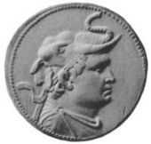 Silver coin depicting the Greek king Demetrius I of Bactria wearing an elephant scalp, symbol of his conquest of India in 180 BC.