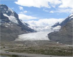 The Athabasca Glacier in the Columbia Icefield of the Canadian Rockies, has retreated 1,500�m in the last century.  Also recent animation. 