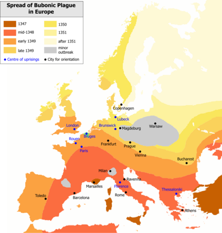 The Black Death rapidly spread along the major European sea and land trade routes.