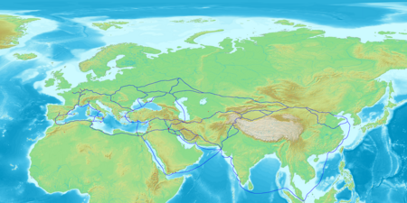 Map of Eurasia showing the trade network of the Radhanites (in blue), c. 870, as reported in the account of ibn Khordadbeh in the Book of Roads and Kingdoms. Other trade routes of the period shown in purple.