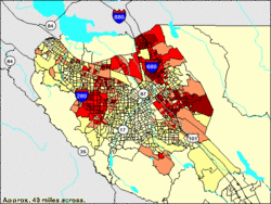 This thematic map shows the large Asian American population in Saratoga, Cupertino, and the North Valley.