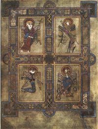 Folio 27v contains the four evangelist symbols. lion, ox, eagle, and man