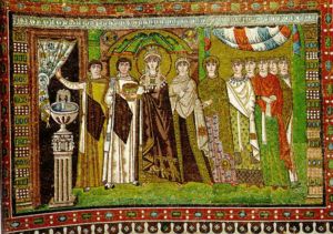 Empress Theodora and her retinue (mosaic from Basilica of San Vitale, 6th century).