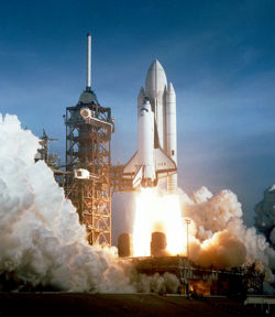 The Space Shuttle Columbia takes off on a manned mission to space.