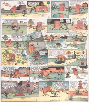 An early color Saturday page in which Krazy tries to understand why Door Mouse (a minor character) is carrying around a door. Published January 21 1922.Click image to enlarge.