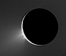 Figure 11: Plumes above the limb of Enceladus feeding the E ring. These appear to emanate from the "tiger stripes" near the south pole. (View from Cassini spacecraft)