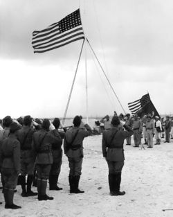 The surrender of the Japanese garrison on Wake island - September 4, 1945. Shigematsu Sakaibara is the Japanese officer in the right-foreground