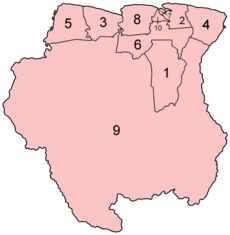 Map of the districts of Suriname in alphabetical order