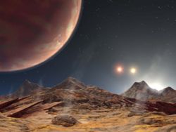 Artist's impression of a triple sunset on a conjectural moon orbiting HD 188753 Ab