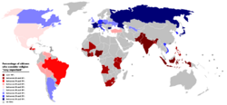 World map based on the results of a 2002 Pew Research Center study on the importance of religion.