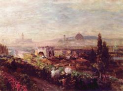 Florence in 1898.  Florence, briefly the capital of the Kingdom of Italy, had begun to be modernised in the 1880s, but many Florentines faced poverty, and much of Tuscany remained isolated and rural.   Painting by Oswald Achenbach.