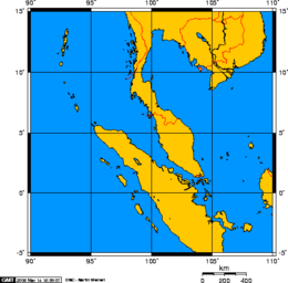 A close-up map showing the Strait of  Malacca separating peninsular Malaysia and the Indonesian island of Sumatra.