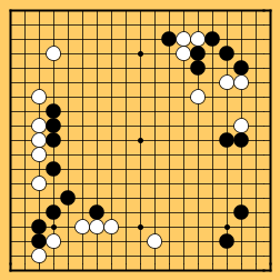 Game 5 of the 2002 LG Cup final between Choe Myeong-hun (white) and Lee Sedol (black) at the end of the opening stage; white has developed a great deal of potential territory, while black has emphasized central influence.