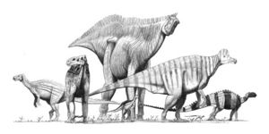 Various cerapod dinosaurs. Far left: Camptosaurus, left: Iguanodon, centre background: Shantungosaurus, centre foreground: Dryosaurus, right: Corythosaurus, far right (small): Heterodontosaurus, far right (large): Tenontosaurus.