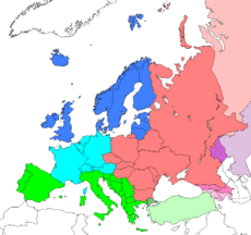 Regions of Europe as delineated by the United Nations (other categorisations may vary): ██�Northern Europe ██�Western Europe ██�Eastern Europe ██�Southern Europe