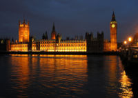 The Houses of Parliament at night.