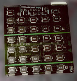 The EFF's US$250,000 DES cracking machine contained 1,536 custom chips and could brute force a DES key in a matter of days — the photo shows a DES Cracker circuit board fitted with several Deep Crack chips.