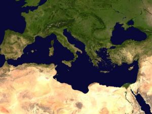 Composite satellite image of the Mediterranean Sea.