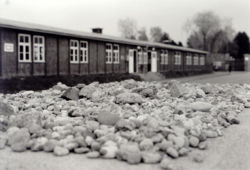 One of the barracks in Mauthausen with stones left by Jewish visitors in memory of the past