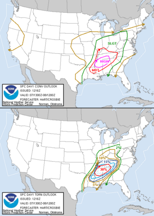 Probabilistic maps issued by the Storm Prediction Center during the heart of the April 6-8, 2006 Tornado Outbreak.  The top map indicates the risk of general severe weather (including large hail, damaging winds, and tornadoes), while the bottom map specifically shows the percent risk of a tornado forming within 25�miles (40�km) of any point within the enclosed area.  The hashed area on the bottom map indicates a 10% or greater risk of an F2 or stronger tornado forming within 25�miles (40�km) of a point.