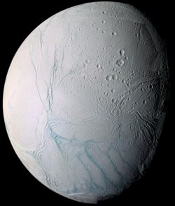 Figure 10: False-color mosaic of Enceladus taken by the Cassini-Huygens probe July 14 2005. Shows the south polar region, as demarcated by the circumpolar set of ridges and troughs in the bottom half of the mosaic